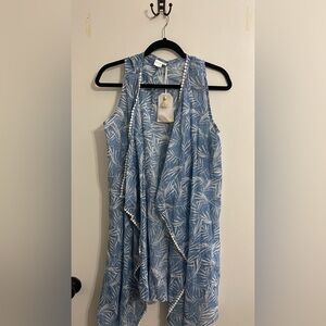 Blue Sleeveless Leaf Print Women's Duster